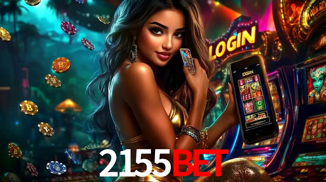 Mulher em um cenário de cassino temático de aventura, mostrando o app de caça-níqueis da 2155bet no celular. Fichas de apostas flutuam ao redor.