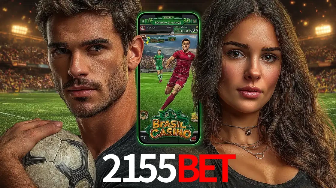 Homem segurando uma bola de futebol e uma mulher ao lado de um smartphone exibindo o jogo de apostas esportivas da 2155bet. Faça seu palpite no cassino online.